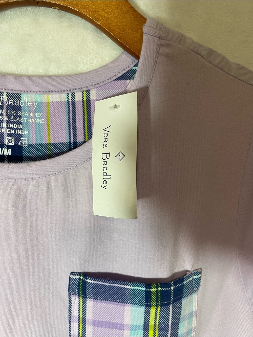 Vera Bradley Lavender Tee with Blue-Green Plaid Pocket - Picture 4 of 5